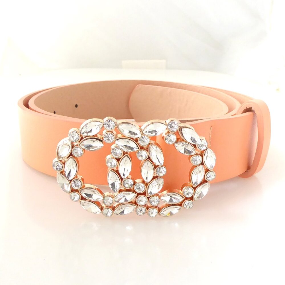Peach faux leather clear rhinestone infinity buckle belt size large to extra lar